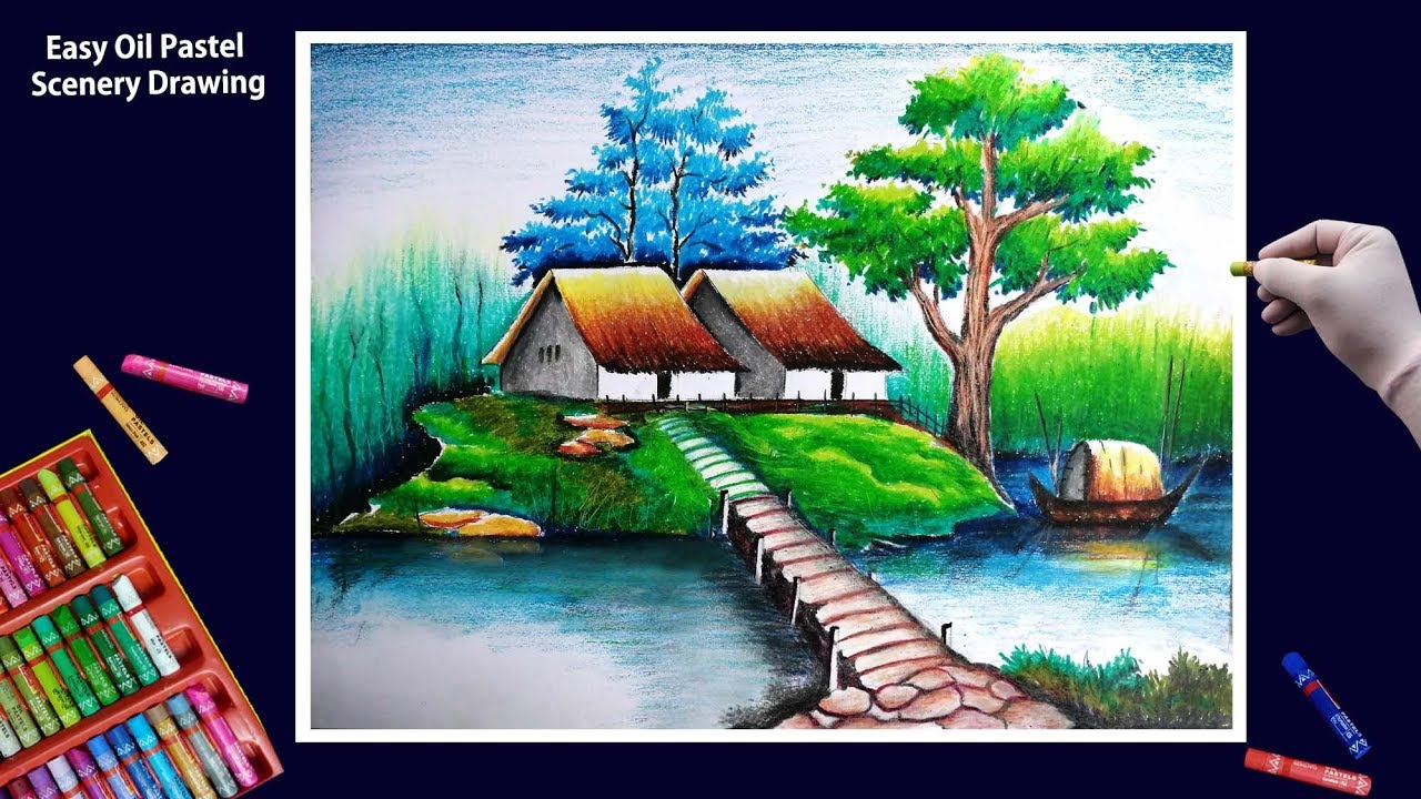 Beautiful Scenery Drawing-Art with Oil Pastels-Step by Step - YouTube