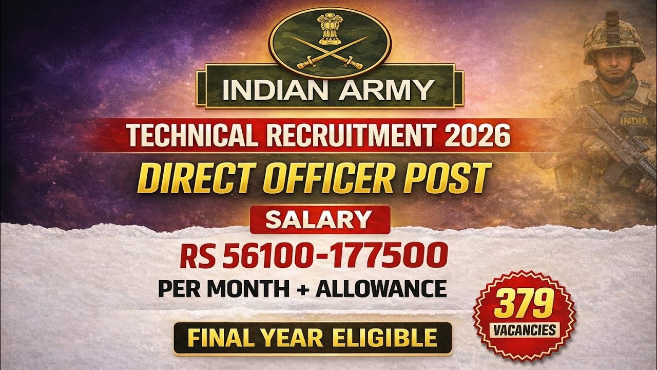Indian Army Technical Recruitment 2026 | 379 Vacancies | both men & women | Final year allowed 