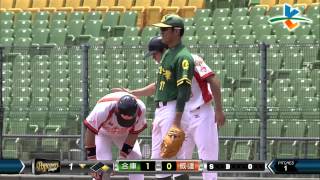 20140608-1 爆米花 合庫 vs 威達 1下 第一球就出手！威達開路先峰 余賢明 安打！