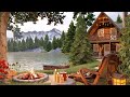 Cozy mountain cabin by the lake ambience with campfire lake waves and relaxing summer forest sounds