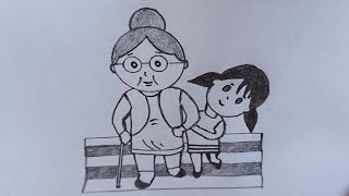 HOW TO DRAW A LITTLE GIRL HELPING GRANDMOTHER CROSS THE ROAD 