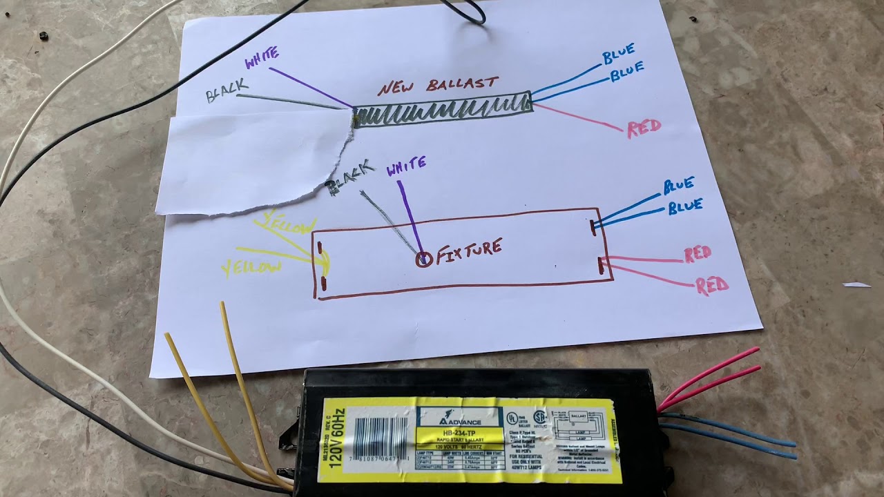 Florescent ballast repair wires don't match (old) magnetic to (new)  electronic. Color wire different - YouTube  4 Lamp T5 Ballast Wiring Diagram    YouTube