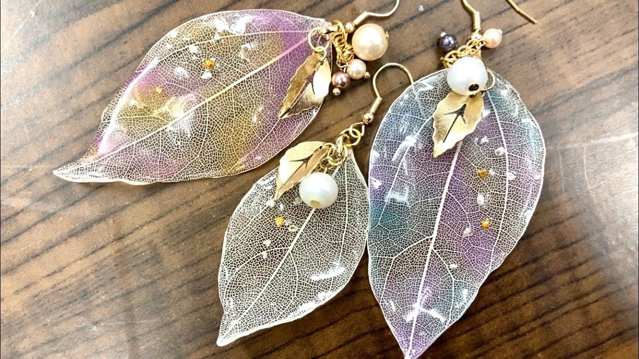 【UVレジン　100均】秋のスケルトンリーフピアス作ってみました🍂 UV resin Autumn skeleton leaf earrings