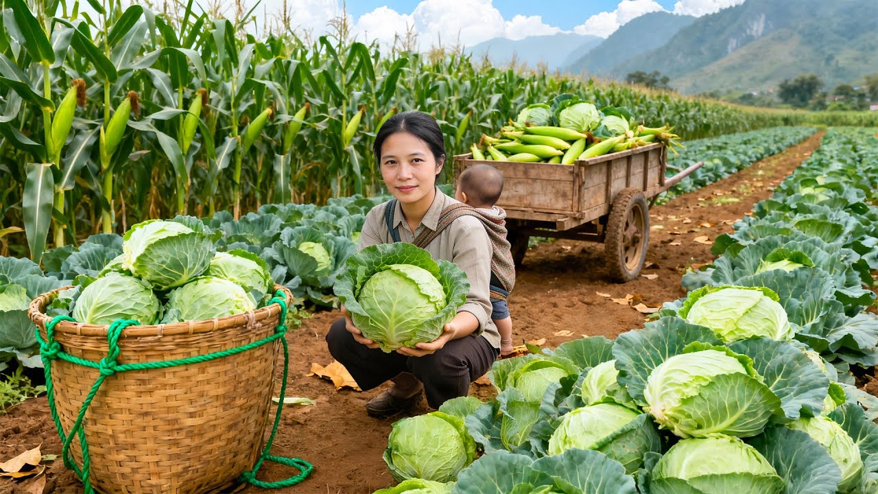 Single Mom Harvests Cabbage go to Maket Sell with Her Daughter and Cooking in a New Kitchen