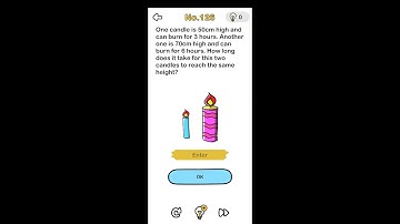 One candle is 50cm high and can burn for 3 hours.Brain Out Level 126