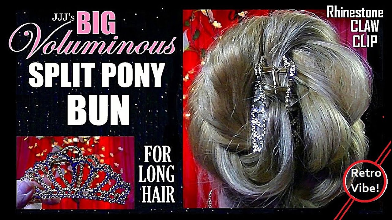 BIG Voluminous Split Pony BUN for long thick hair 💎BIG Rhinestone Claw Clip💎 Retro Vibe?☮️