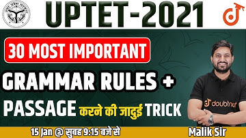 UPTET - 2021 | English Maha Marathon Class | 30 Most Important Grammar Rules And Passage Tricks