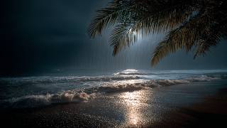 Dark Beach at Night — Calm Ocean Waves with Light Rain for Deep Sleep (No Music • 8 Hours)