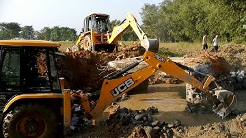 Two JCB Backhoe Machine Trying To Break and Throw out Old Concrete Culvert For New Bridge.- Part- 8