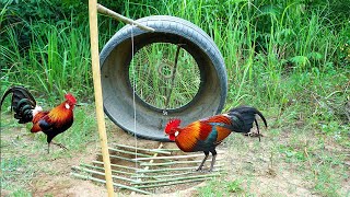 Simple Unique Wild Chicken Trap Using Tire Car &amp; Bamboo - Experiment Wild Chicken Trap