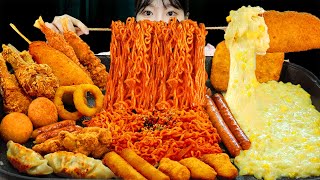 ASMR MUKBANG| Corn Cheese Fire noodles and Leftover fries party (Cheese ball, Chicken, Hot dog).