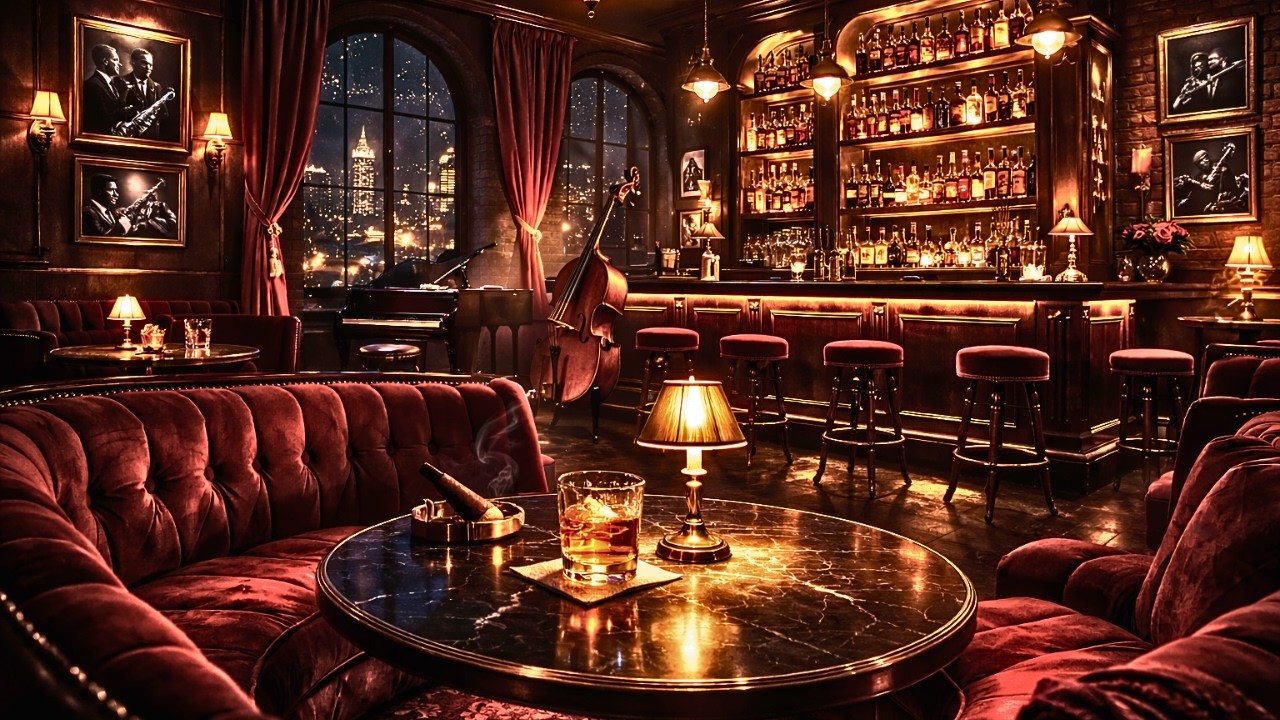 1940s Jazz Bar at Midnight | Vintage Lounge Ambience with Rainy City Views