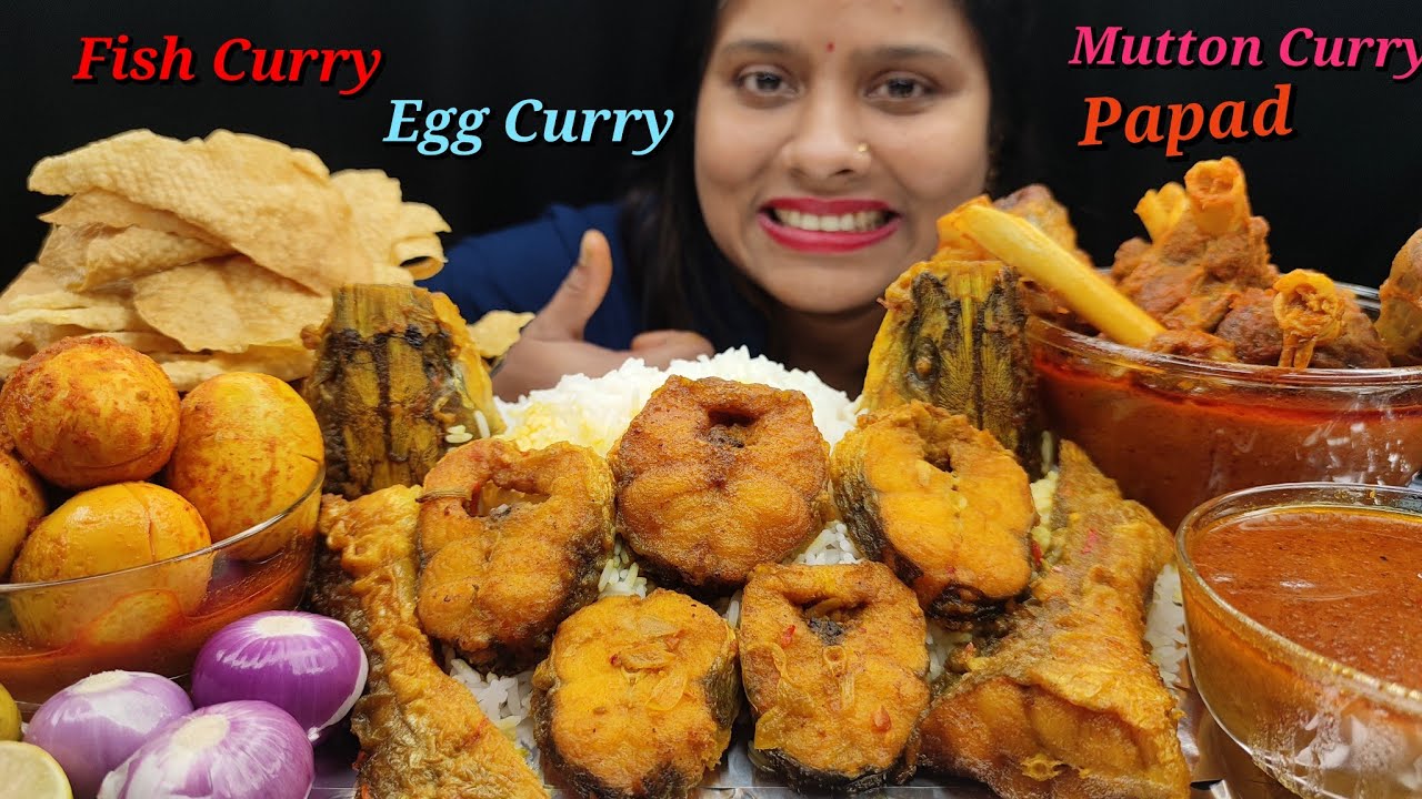 Eating Oily Mutton Curry, Fish Curry, Fish head Curry, Egg Curry