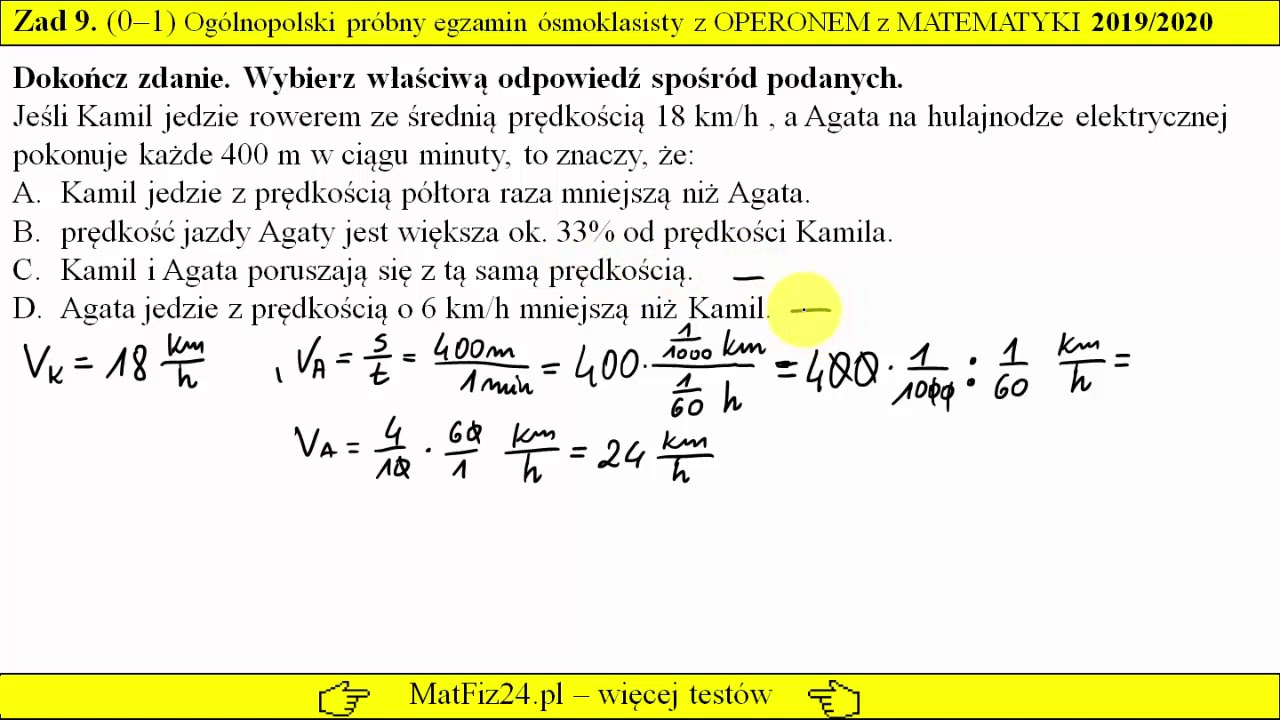 Zadanie 9. Droga Prędkość Czas. Egzamin Ósmoklasisty Z Operonem Z Matematyki 2019-2020. - Youtube