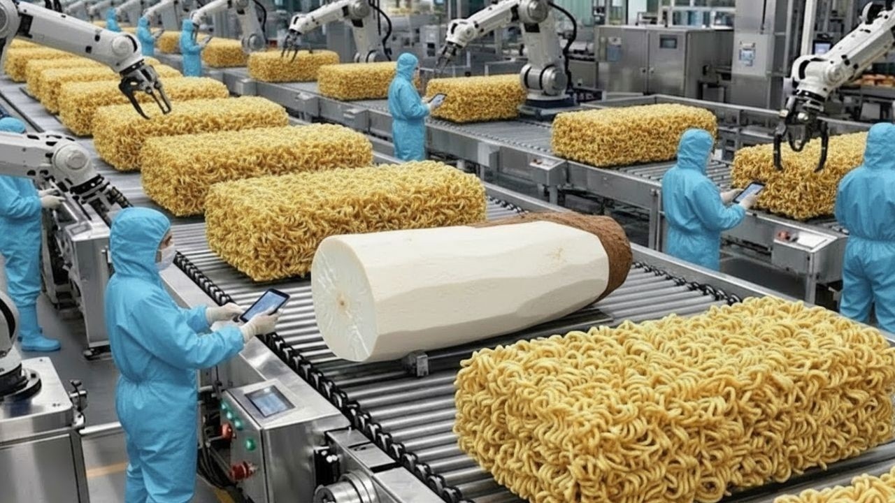 Proceso de producción de fideos de yuca paso a paso en una fábrica industrial moderna