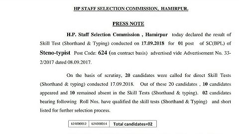 HPSSC Steno Typist ( Post Code - 624 ) Typing Skill Test Result Declared