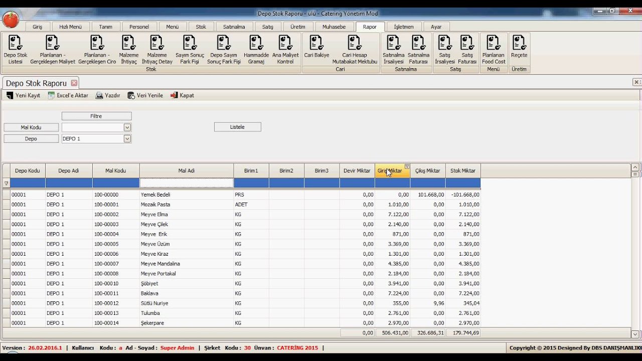 CateringMRP Rapor Depo Stok Listesi