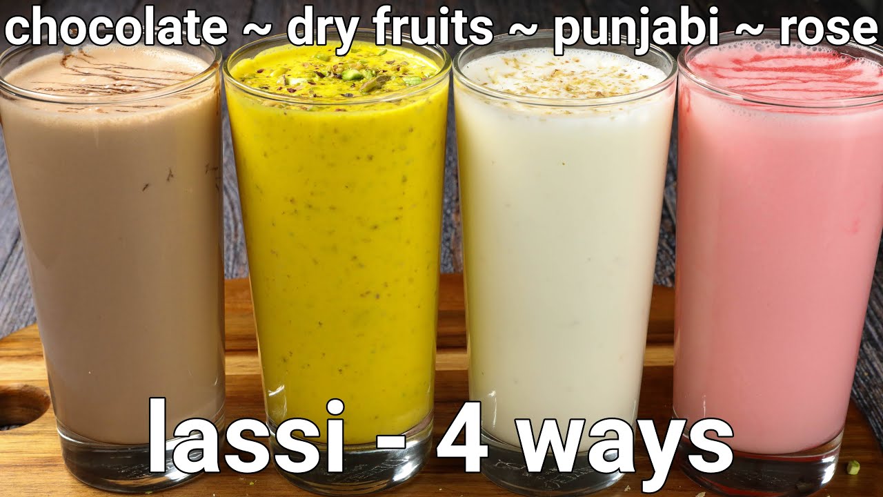lassi 4 ways with homemade malai dahi - sweet lassi, dry fruit lassi, rose lassi & chocolate lassi | Hebbar Kitchen