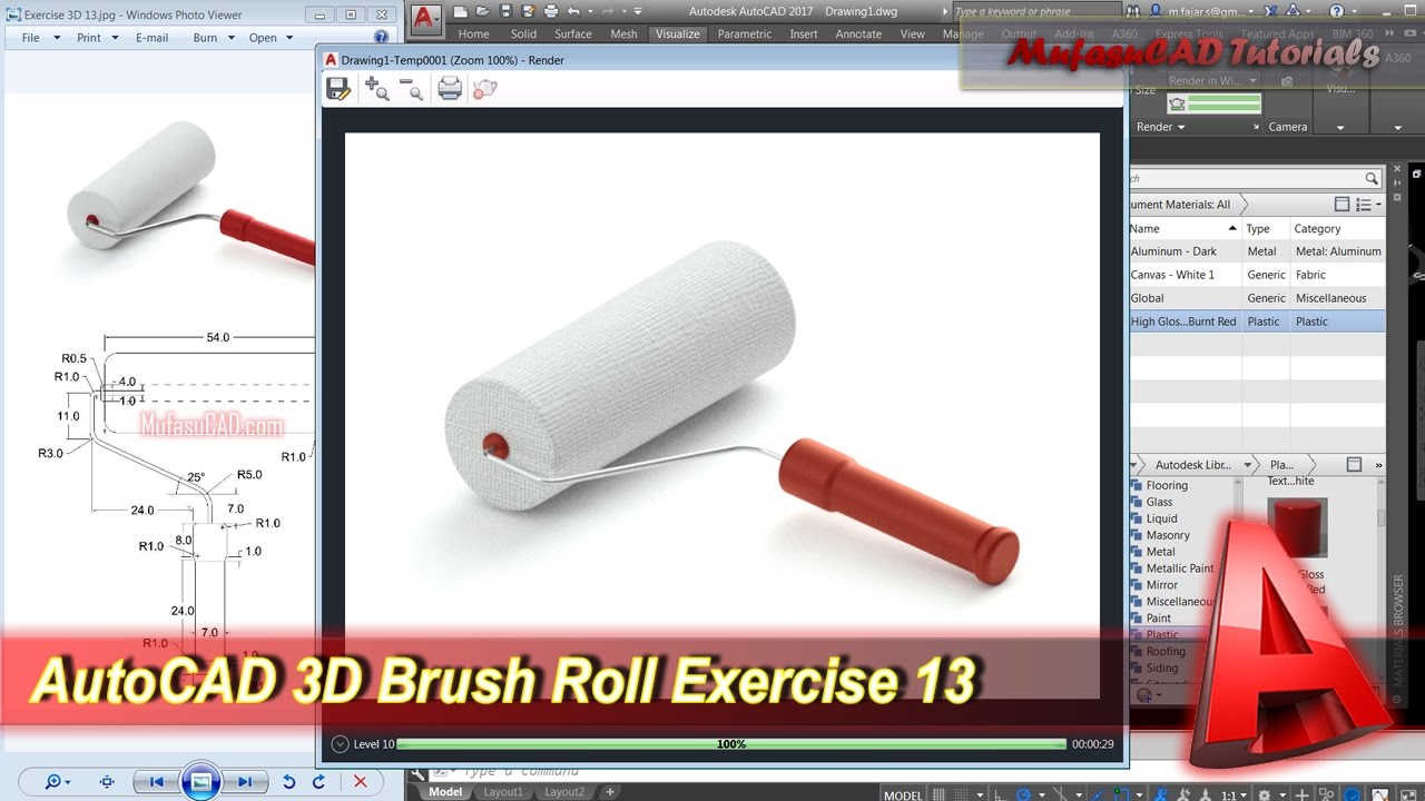 AutoCAD 3D Modeling Brush Roll Tutorial Exercise 13 YouTube