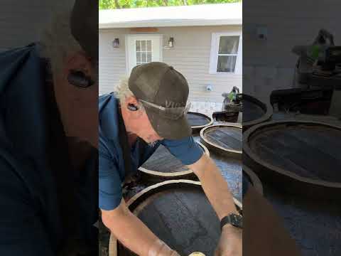 Cutting the end off of a reclaimed bourbon barrel. — workshop video