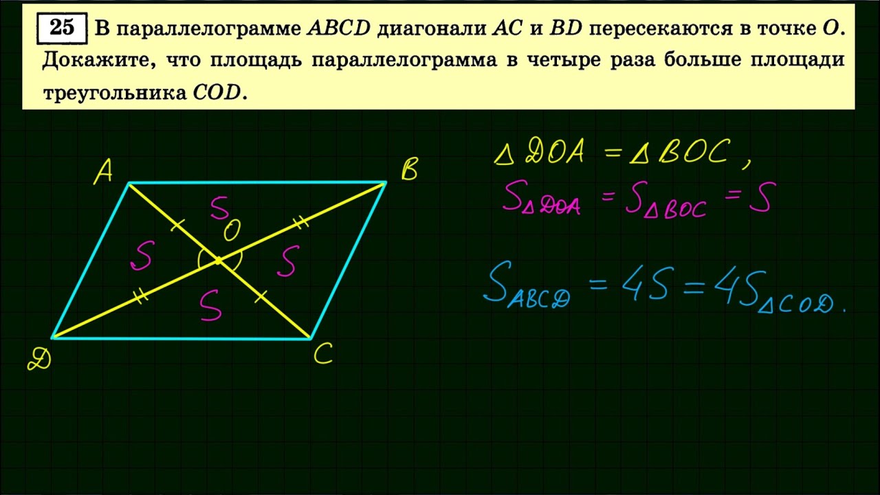 Огэ математика 20 25 задания. Диагонали параллелограмма делят его на 4 равновеликих треугольника. 25 Задание ОГЭ по математике.