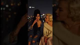 Amy Whinehouse and Marilyn Monroe sitting at a rooftop, sharing a cigarette.