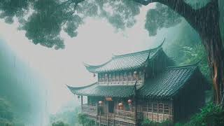 Heavy Rain for relaxation | The sound of rain on the roof of a chinese house in a foggy night