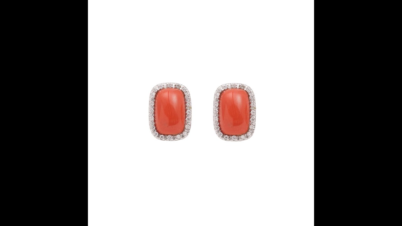 Paire Puces d’Oreilles Cabochons De Corail Diamants Or Gris 18 Carats