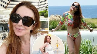 Lindsay Lohan, ten months after giving birth to her first child, poses in a vibrant swimsuit.