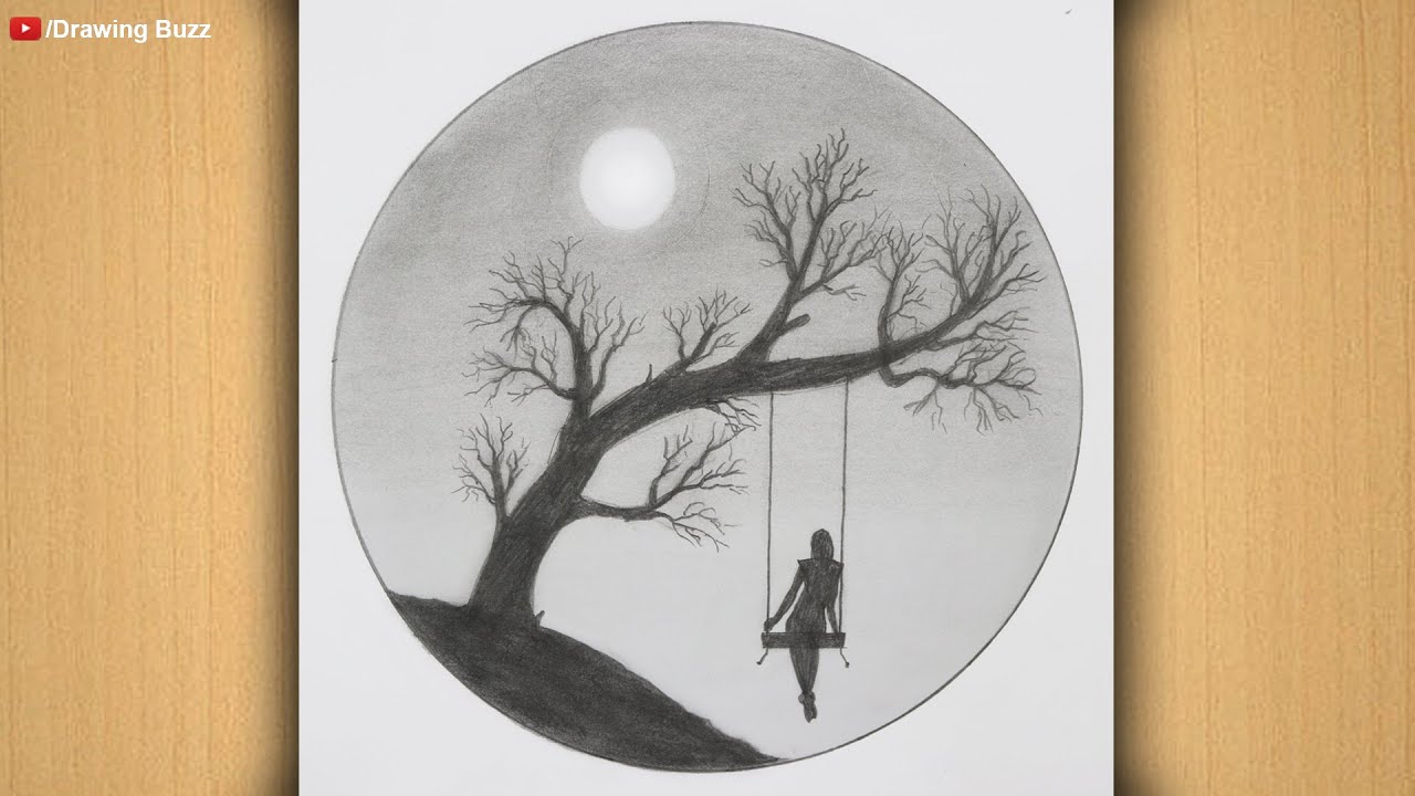 pix Pencil Tree Drawing With Swing alone girl swinging in a tree how to draw a sad girl pencil sketch