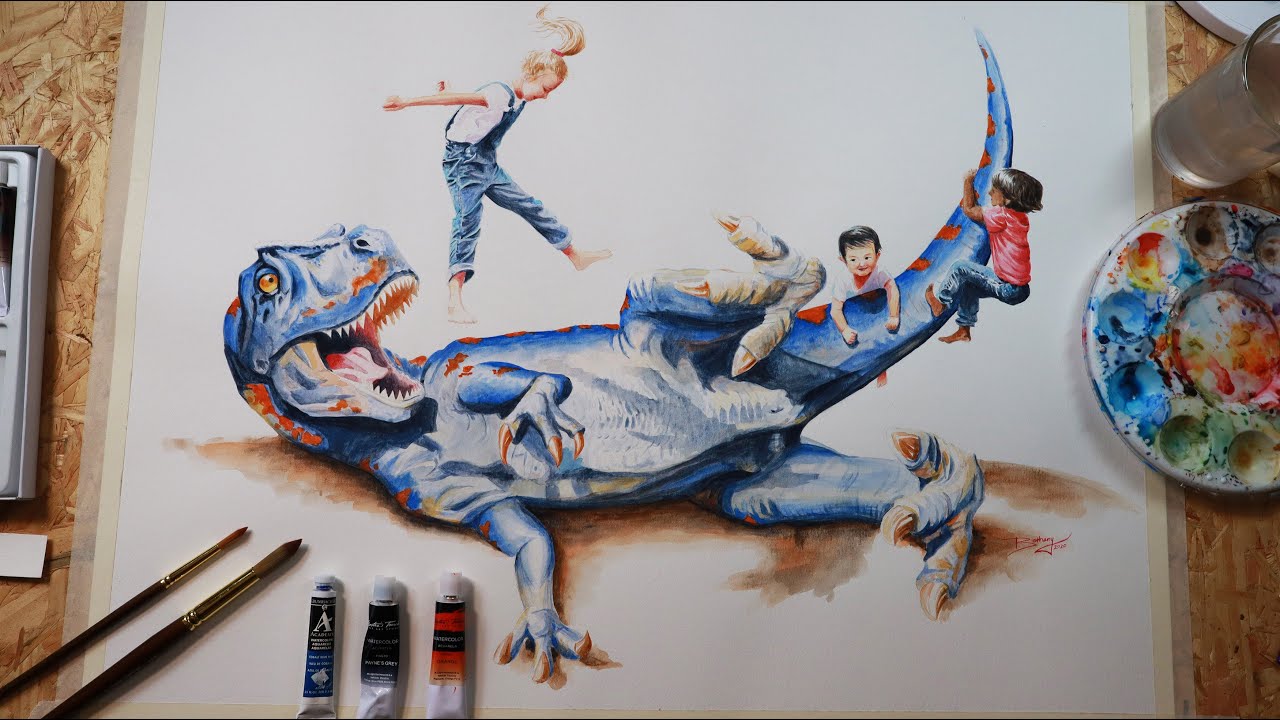 Dinosaur Playing with Three Kids Timelapse - Painted by Bethany Case based on a work by James Gurney
