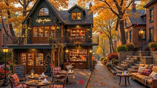 Quiet Autumn Morning Jazz Outdoor Fall Coffee Shop Ambience & Poetic Scenery Of Falling Leaves
