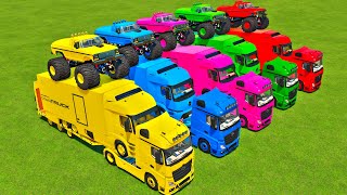 LOAD & TRANSPORTING COLORED MONSTER TRUCKS WITH TRUCKS - COLORFUL GARAGES Farming Simulator 22