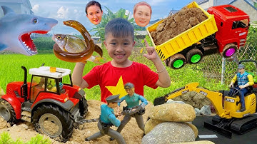 Changcady tổng hợp video vui nhộn cùng em Tube tìm đồ chơi. máy xúc múc đất, Xe ben đổ đất. Cần cẩu