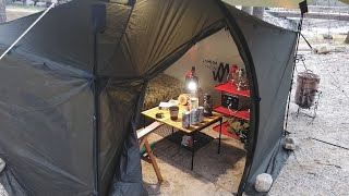 ミニマルワークスジャックシェルターミニで雨のソロキャンプと火輪のメッシュホヤの紹介