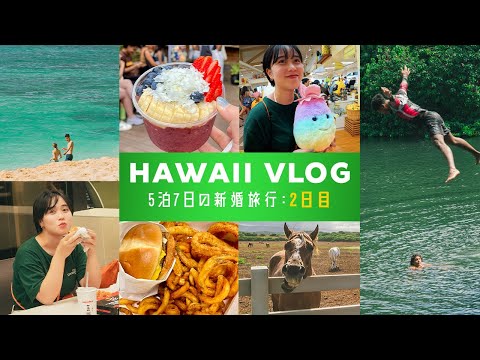 【ハワイVlog】5泊7日のハワイ新婚旅行2日目！レンタカーでノースショアへ！人気アサイーボウル・牧場でのんびり・カイルアビーチで海遊び！【最新】