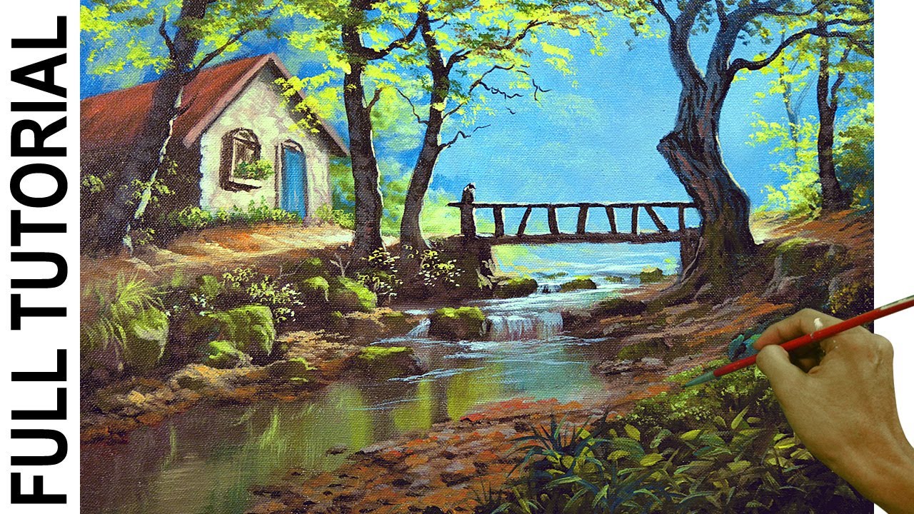 Acrylic Landscape Painting Tutorial | Cabin, Bridge and River by JM ...