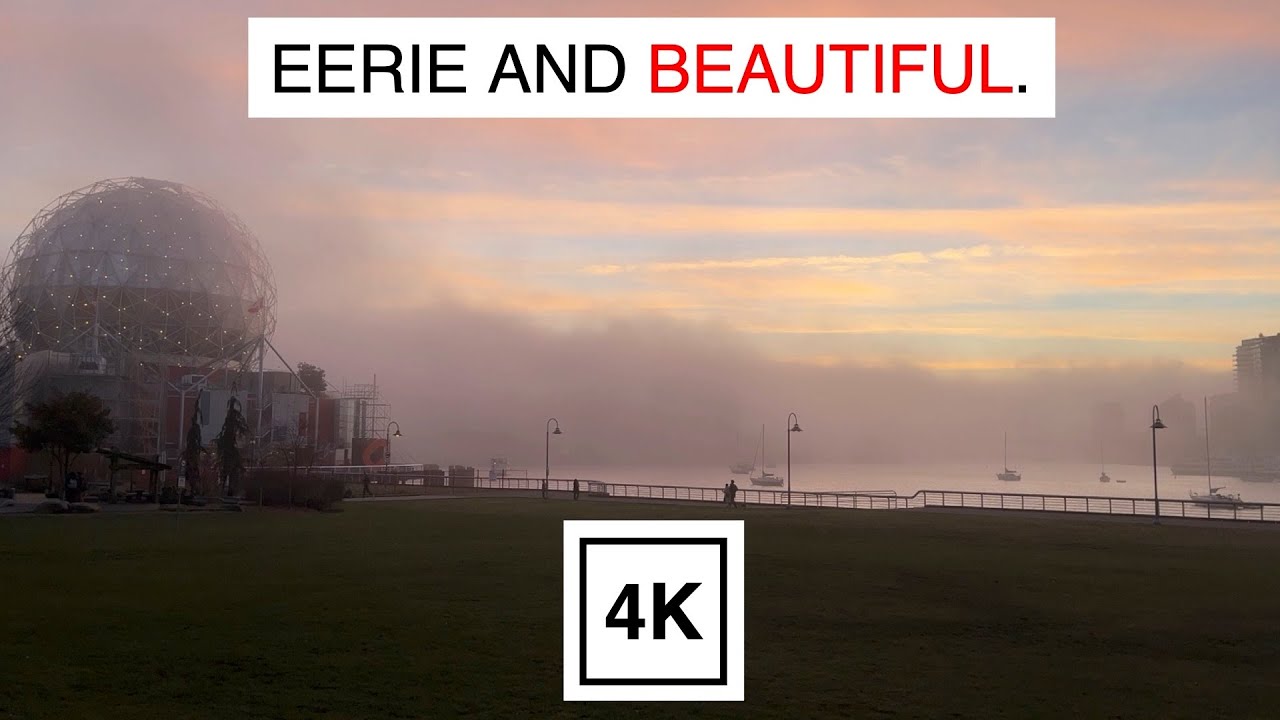 Жуткий и прекрасный редкий туманный день в Ванкувере, Канада. Расслабьтесь. Насладитесь видом. (4K)