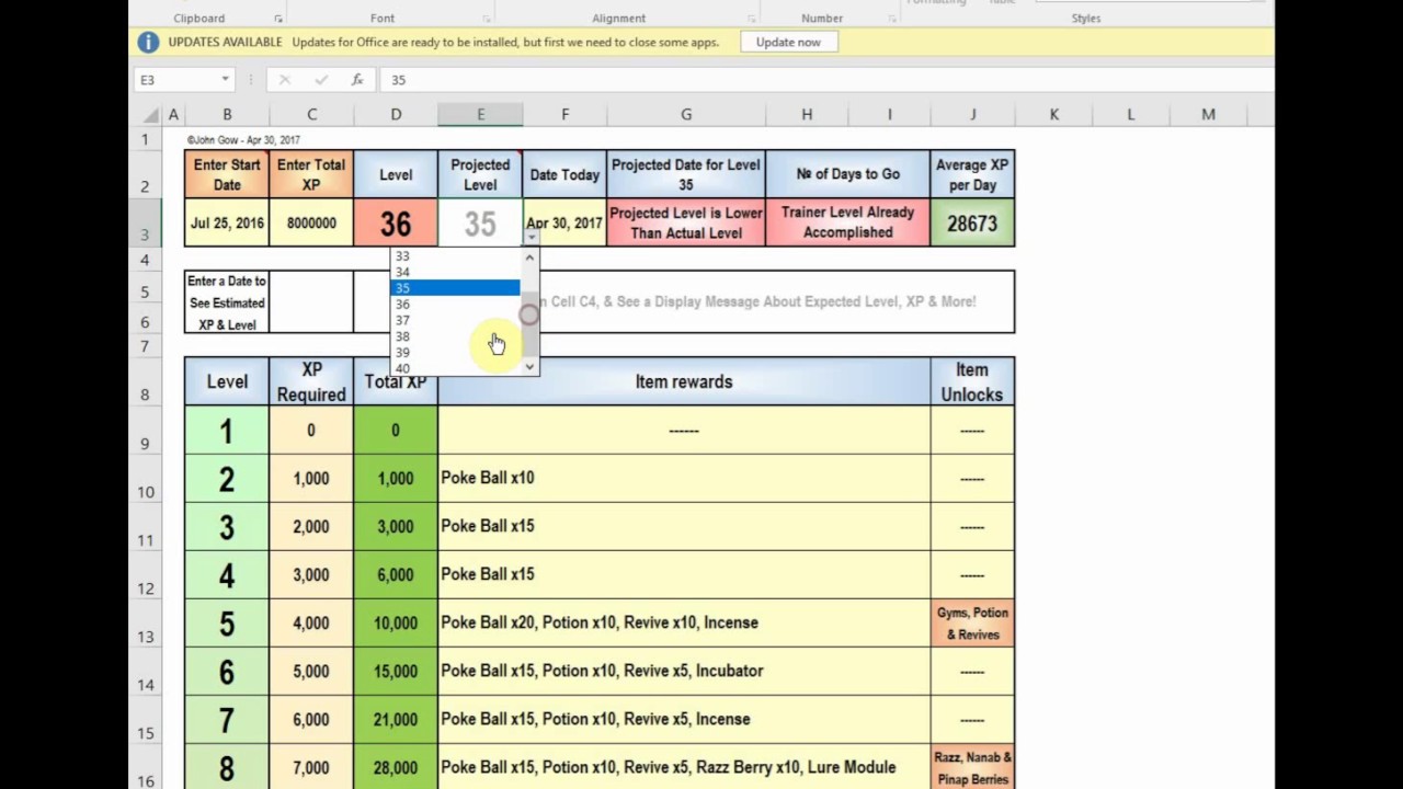 Excel Spreadsheet For Pokemon Go Level Xp Youtube