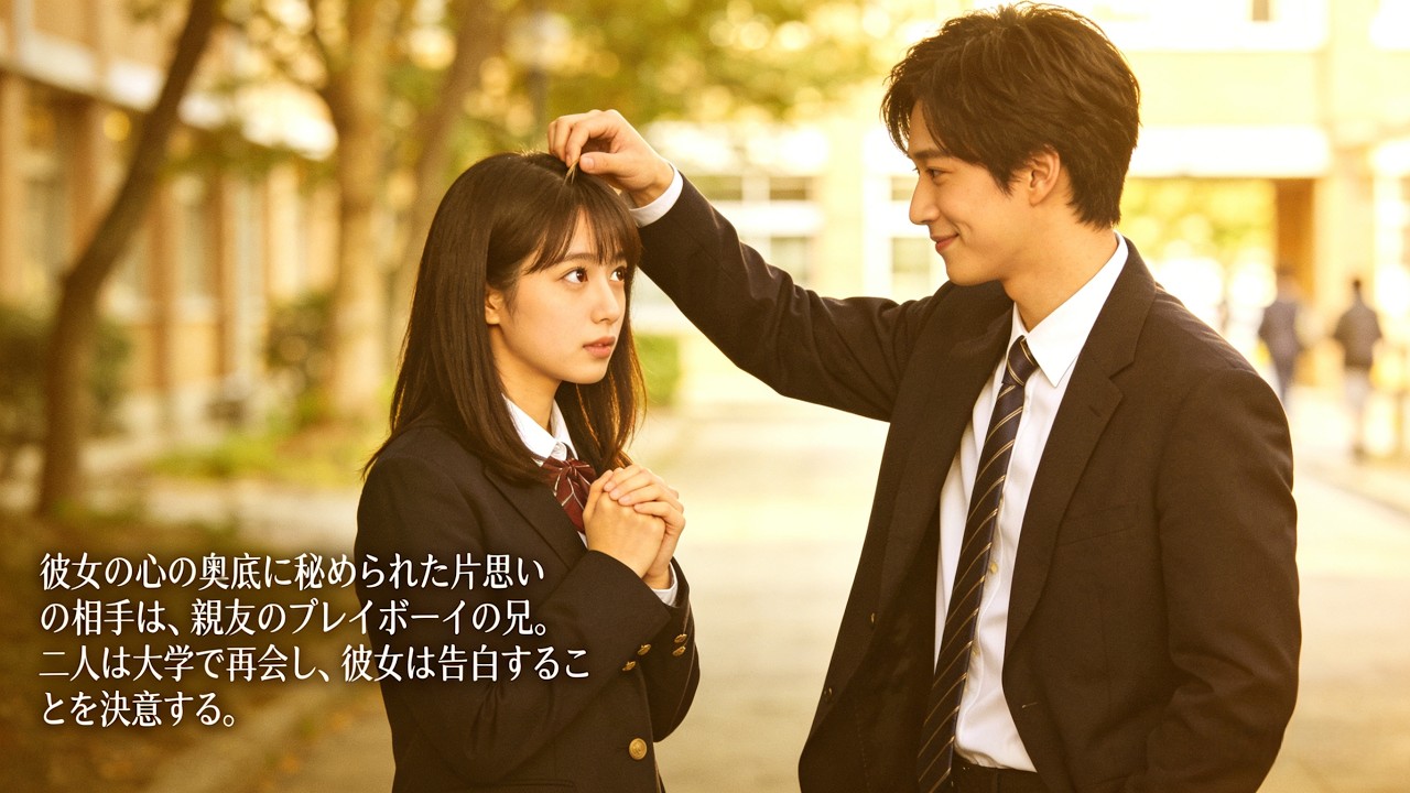 彼女の心の奥底に秘められた片思いの相手は、親友のプレイボーイの兄。二人は大学で再会し、彼女は告白することを決意する。