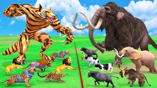 Zombie Tiger attack Giant Bull Cow Cartoon Buffalo Saved by Woolly Mammoth Elephant Vs Wolf Tiger