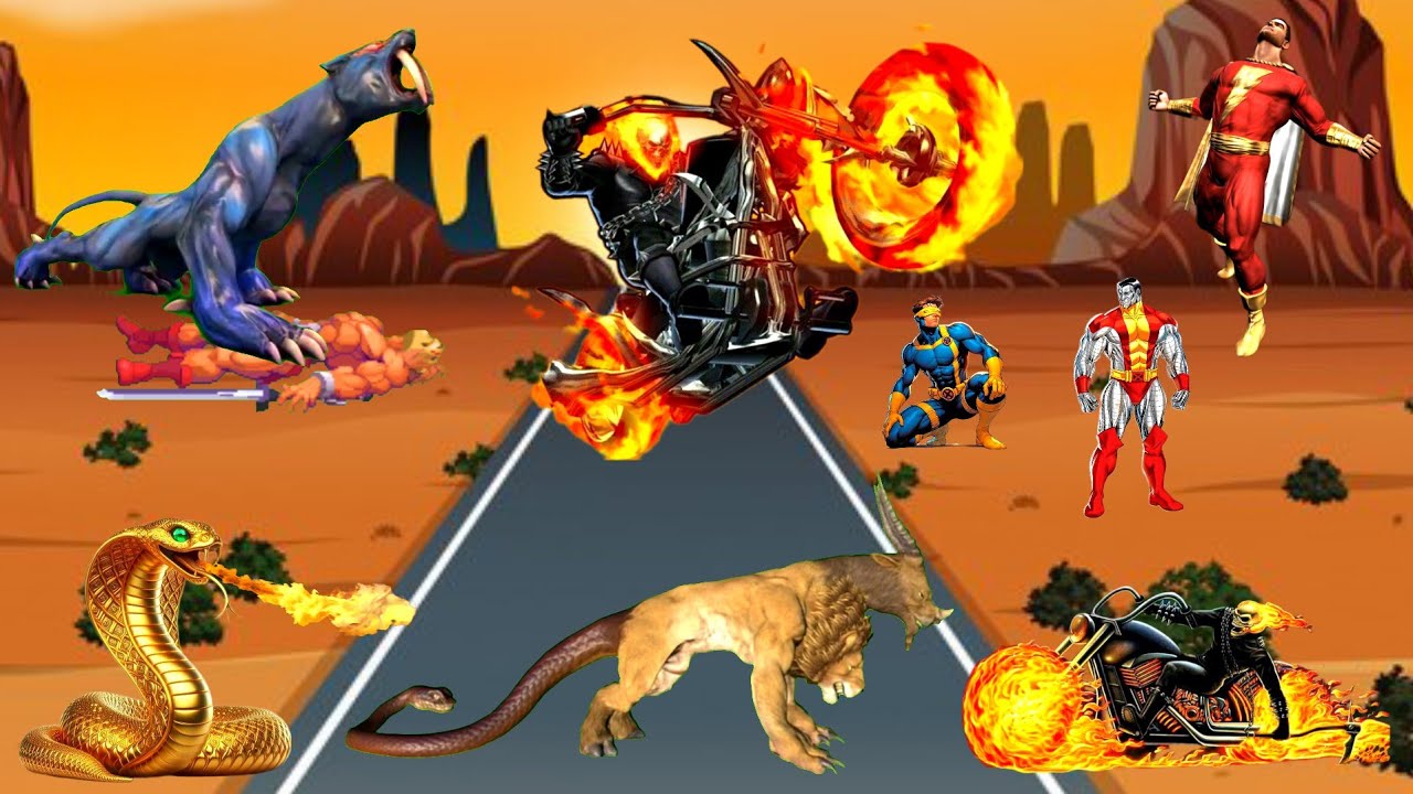 سيمبا المحارب ونمر الانياب واناكوندا وتحولهم لاسطورة الغابة من السائق الشبح مع الابطال الخارقين