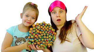 Lera and a cake made of harmful sweets for mom's birthday