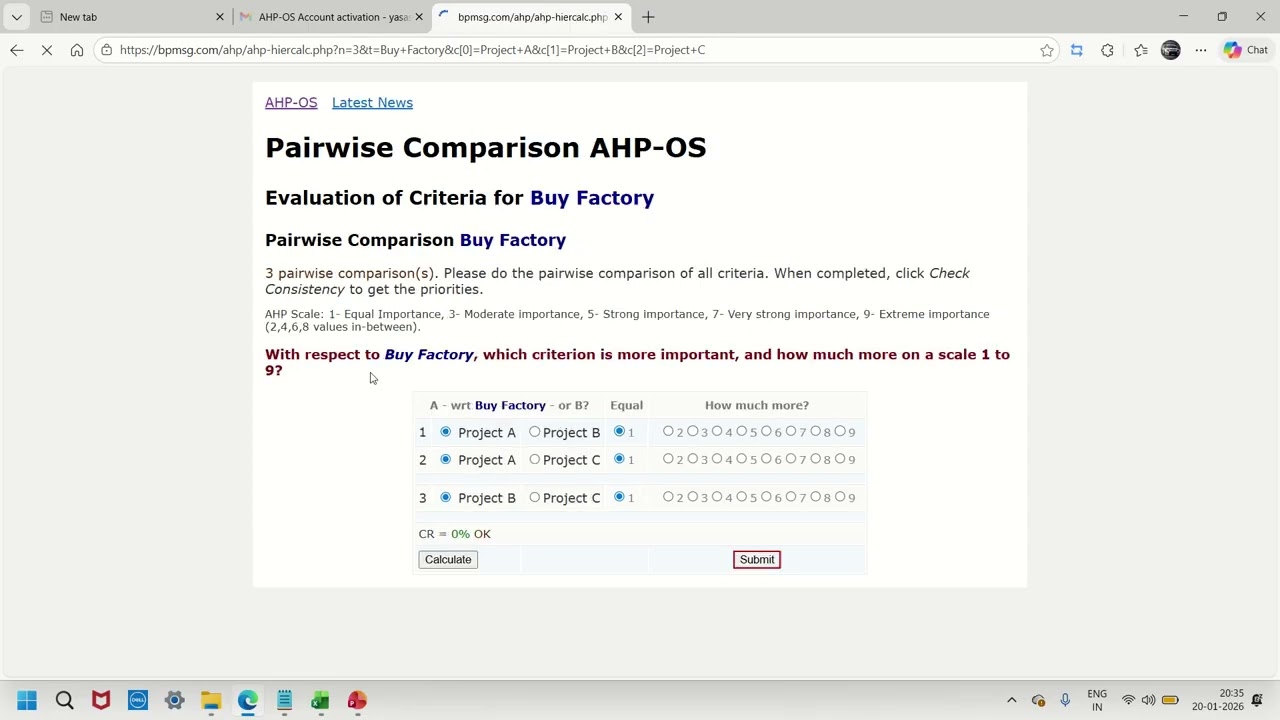 AHP Paired test between NPV, IRR & Payback Period