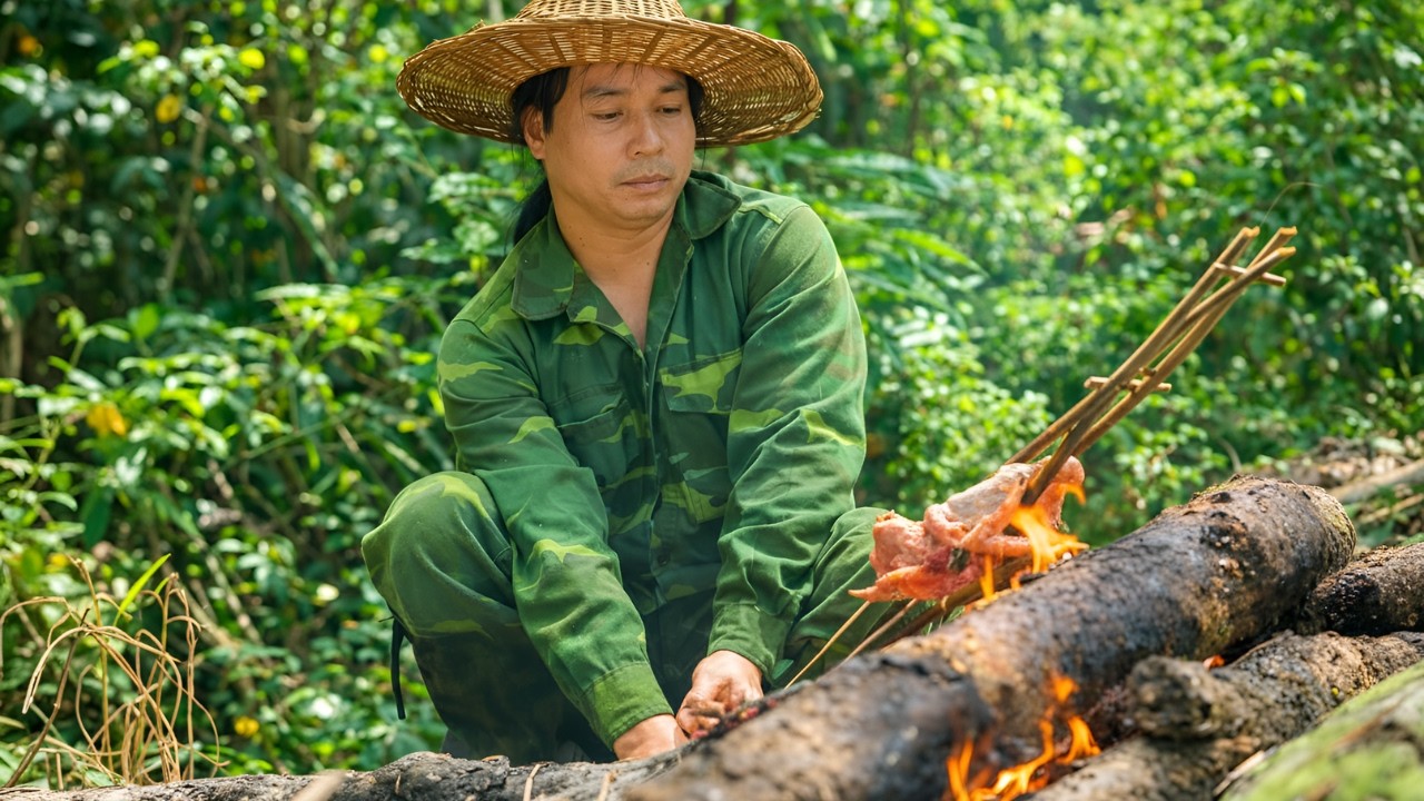 Foraging for wild food, grilling chicken by the stream - Catching fish, surviving on the river