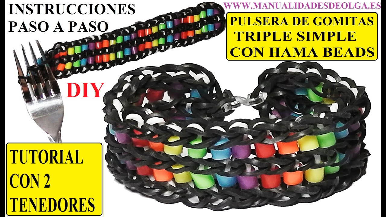 COMO HACER UNA PULSERA DE GOMITAS TRIPLE SIMPLE CON HAMA BEADS CON DOS TENEDORES. TUTORIAL DIY