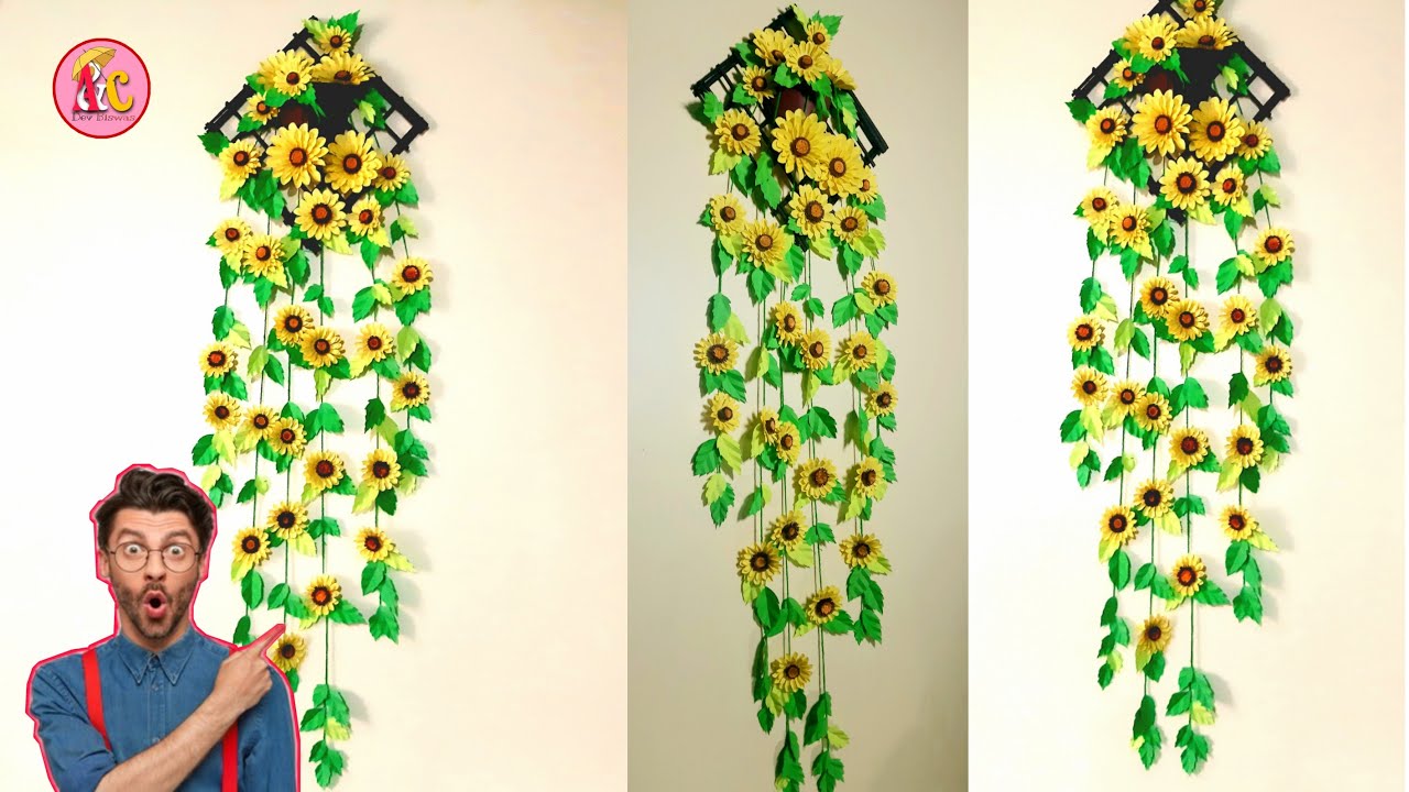 How to make a beautiful flower wall hanging decoration athome in easy way YouTube