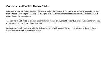 Motivation and emotion closing points - Intro to Psychology