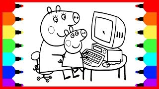 Peppa Pig and Mummy Pig Playing on Computer Coloring Book Pages for Children and Kids