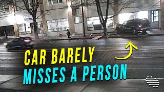 Car Crashes Into a Building and Barely Misses a Person Walking on the Sidewalk